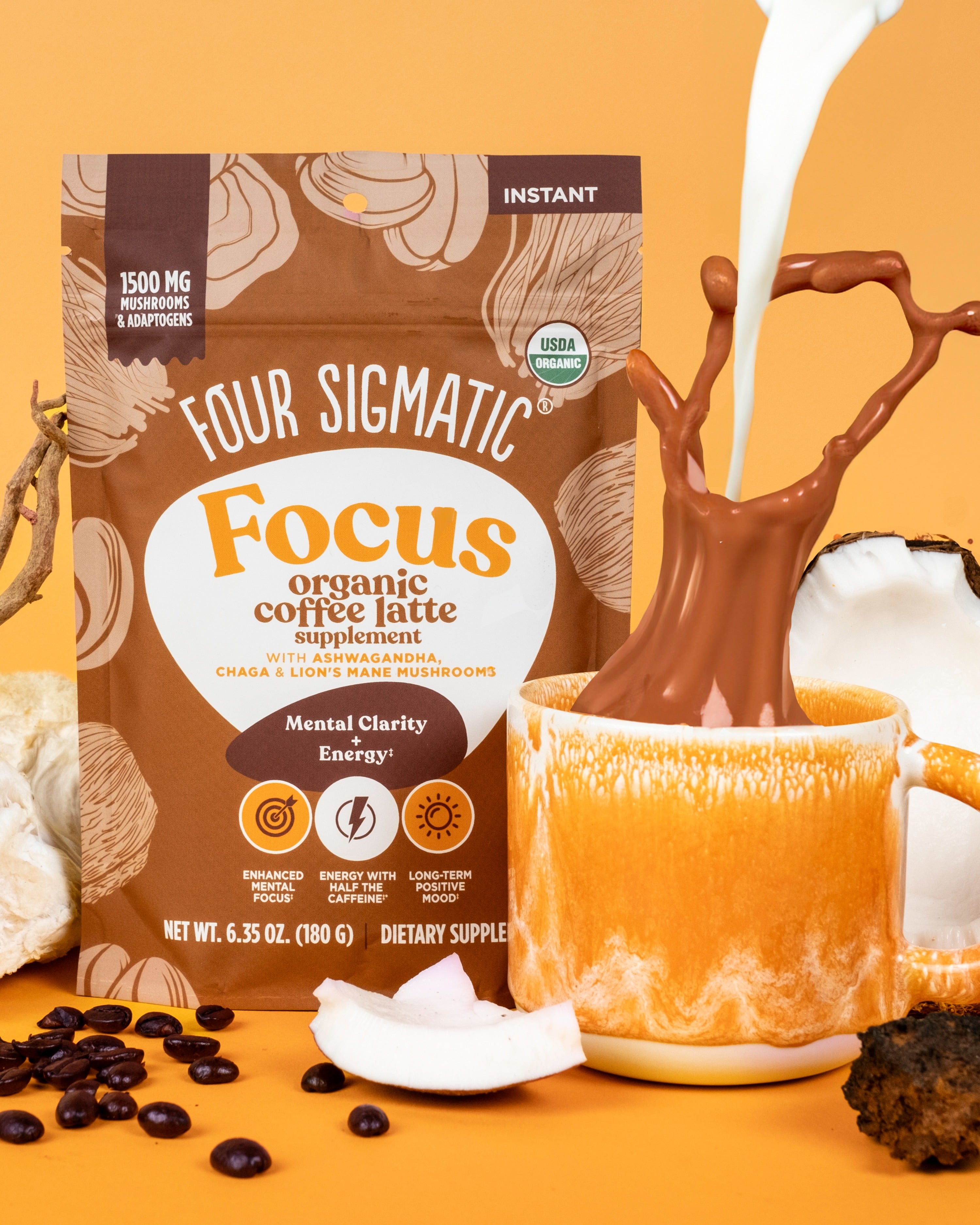 Bag of Four Sigmatic Happy Gut organic coffee with mushrooms and coffee beans.
