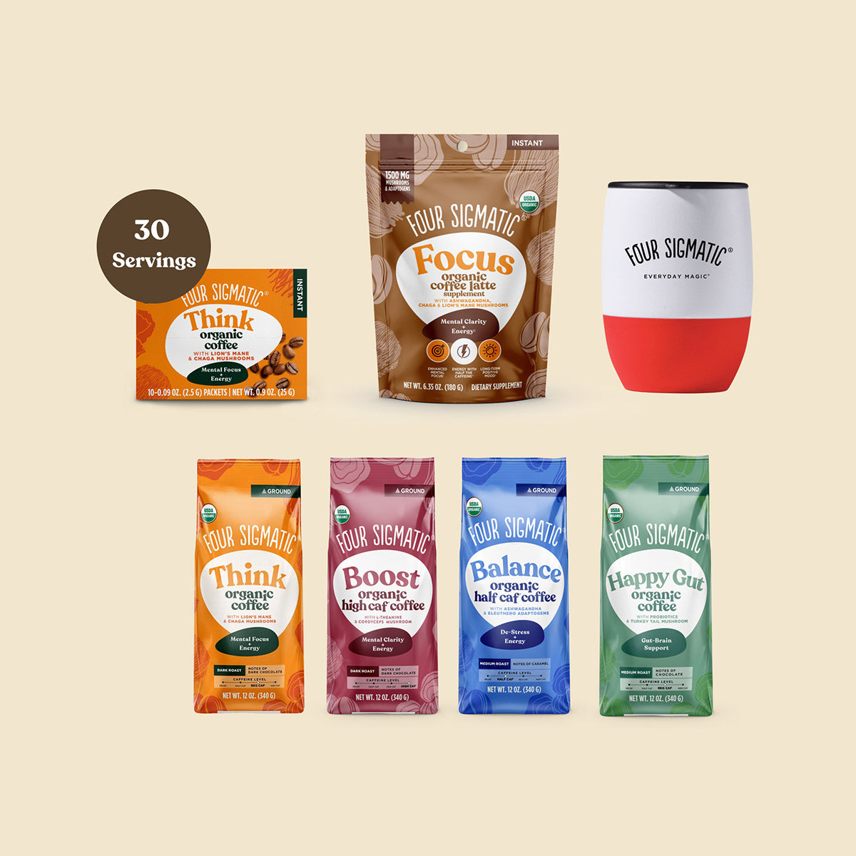 Four Sigmatic products: organic protein, coffee, and cacao mix packages.