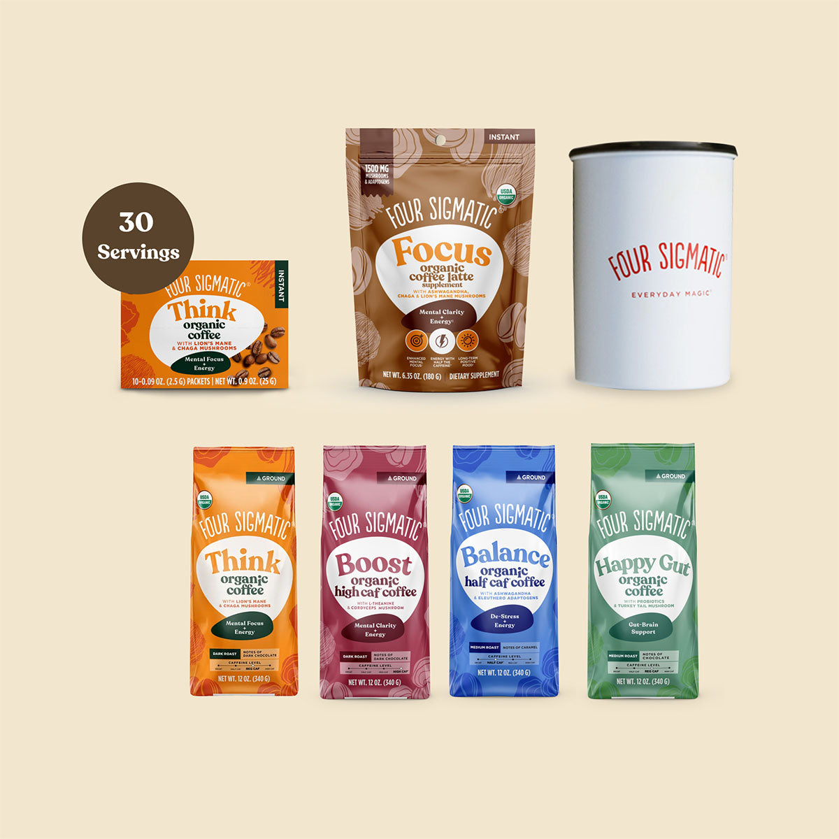 Four Sigmatic products: organic protein, coffee, and cacao mix packages.