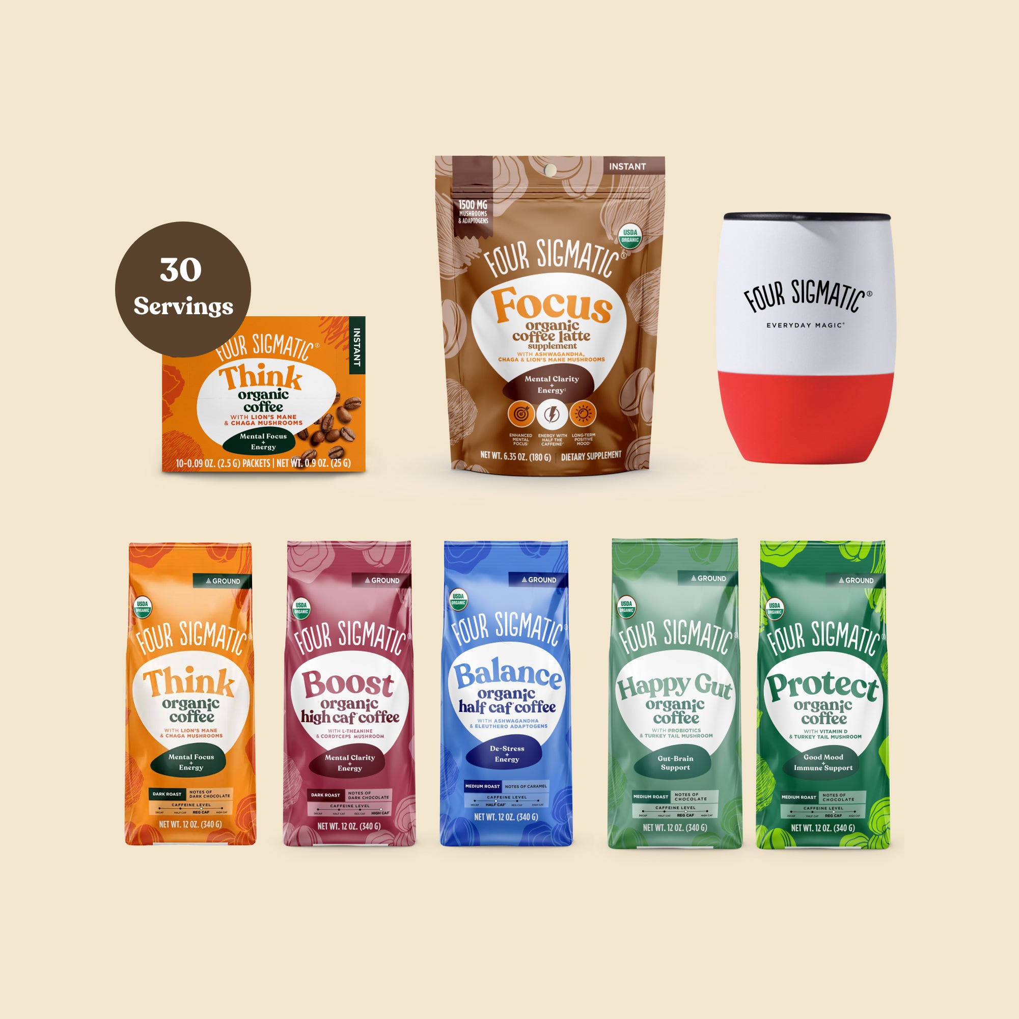 Four Sigmatic products: organic protein, coffee, and cacao mix packages.