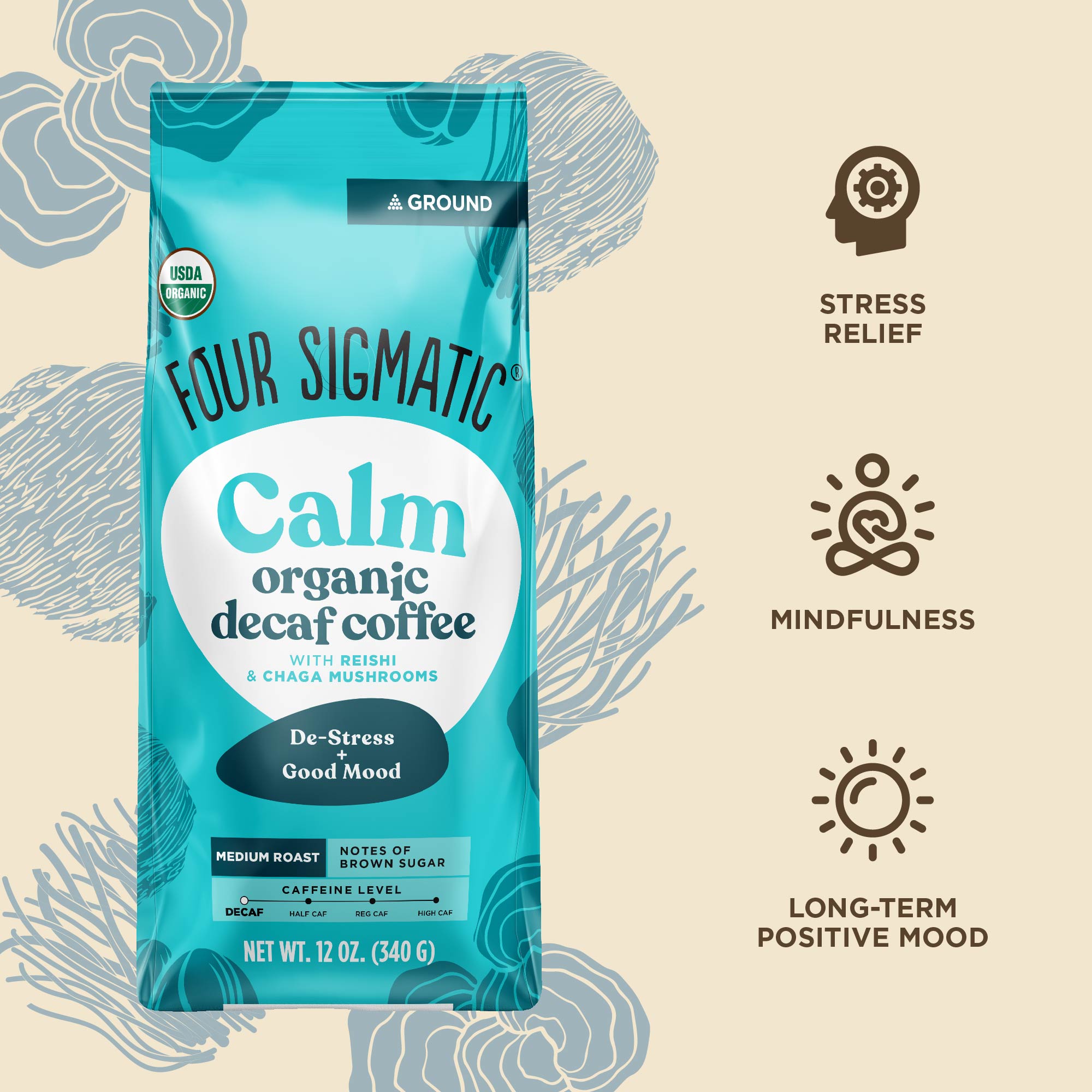 Bags of Four Sigmatic Happy Gut organic coffee with gut-brain support.