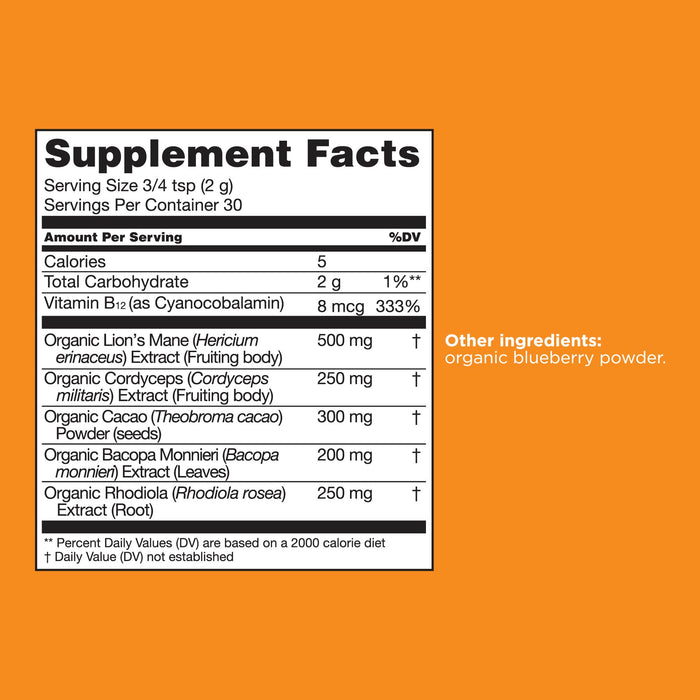 Supplement facts for organic capsule ingredients on an orange background.