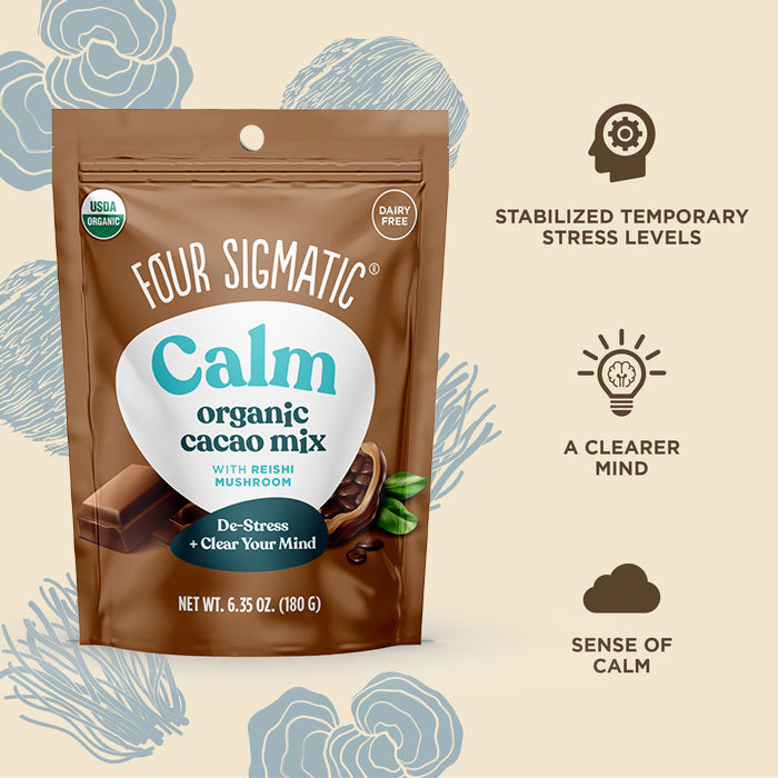 Bag of Four Sigmatic Happy Gut organic coffee with mushrooms and coffee beans.