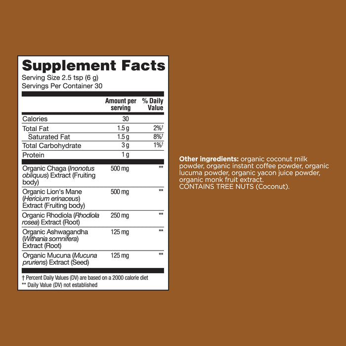 Supplement facts label with nutritional information and ingredient list, including organic extracts and tree nuts (coconut).