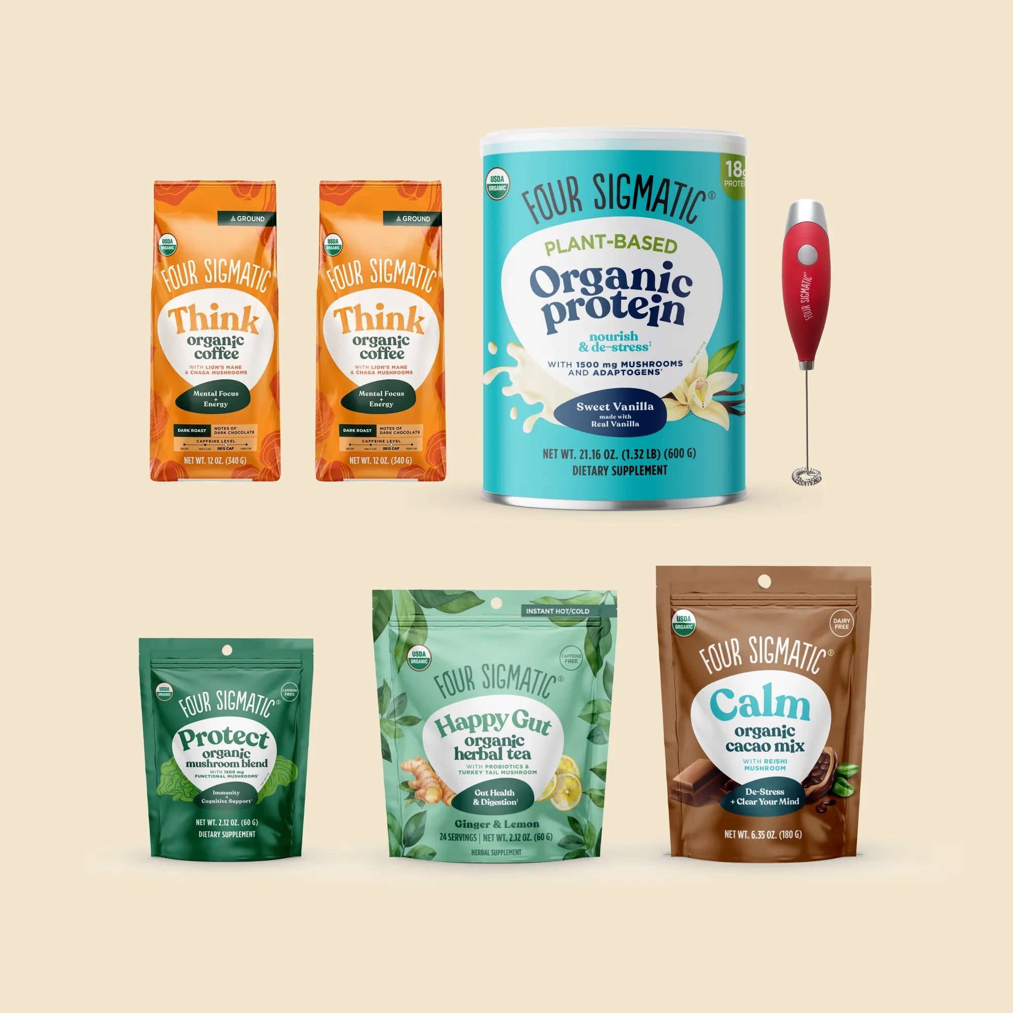 Four Sigmatic products: organic protein, coffee, and cacao mix packages.