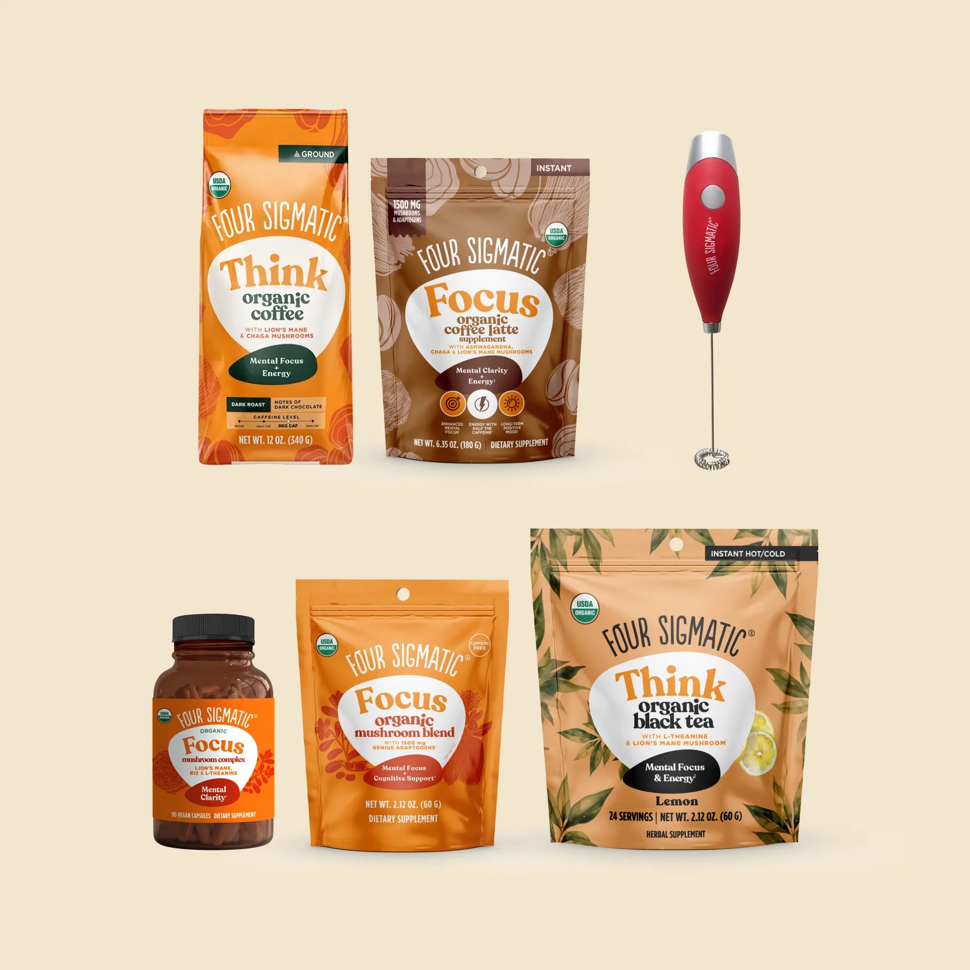 Four Sigmatic products: organic protein, coffee, and cacao mix packages.