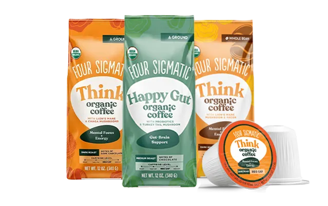 Four Sigmatic organic coffee products including Think Organic Coffee and Happy Gut Organic Coffee.