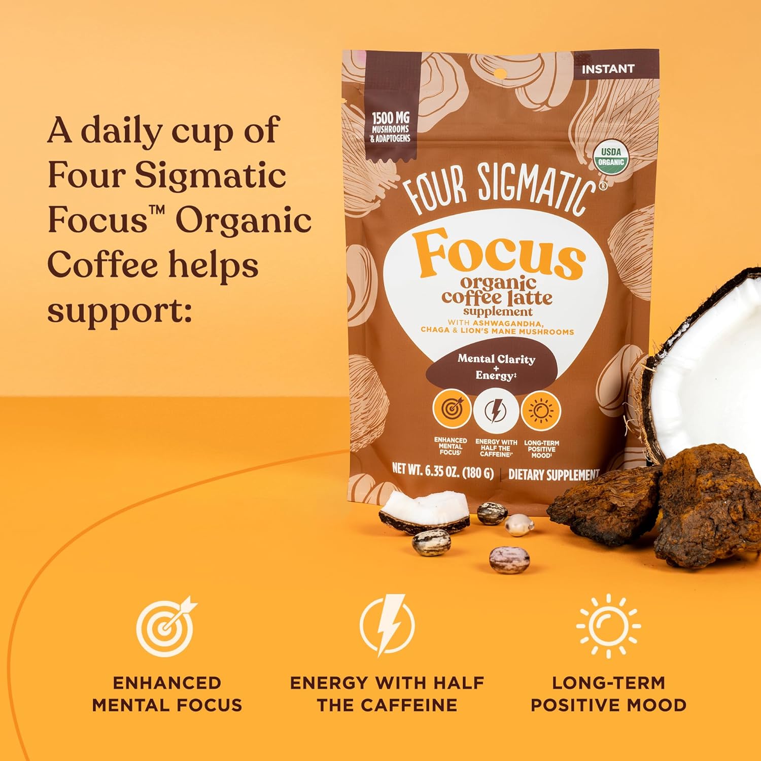 Bag of Four Sigmatic Happy Gut organic coffee with mushrooms and coffee beans.