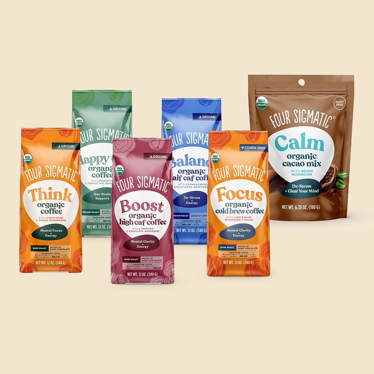 Four Sigmatic products: organic protein, coffee, and cacao mix packages.