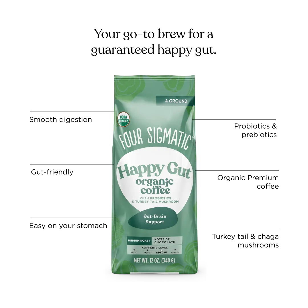 Bags of Four Sigmatic Happy Gut organic coffee with gut-brain support.