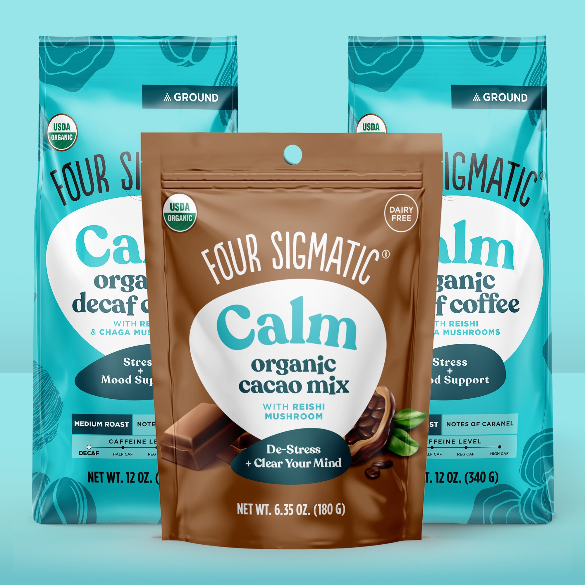 Bag of Four Sigmatic Happy Gut organic coffee with probiotics and turkey tail mushroom.