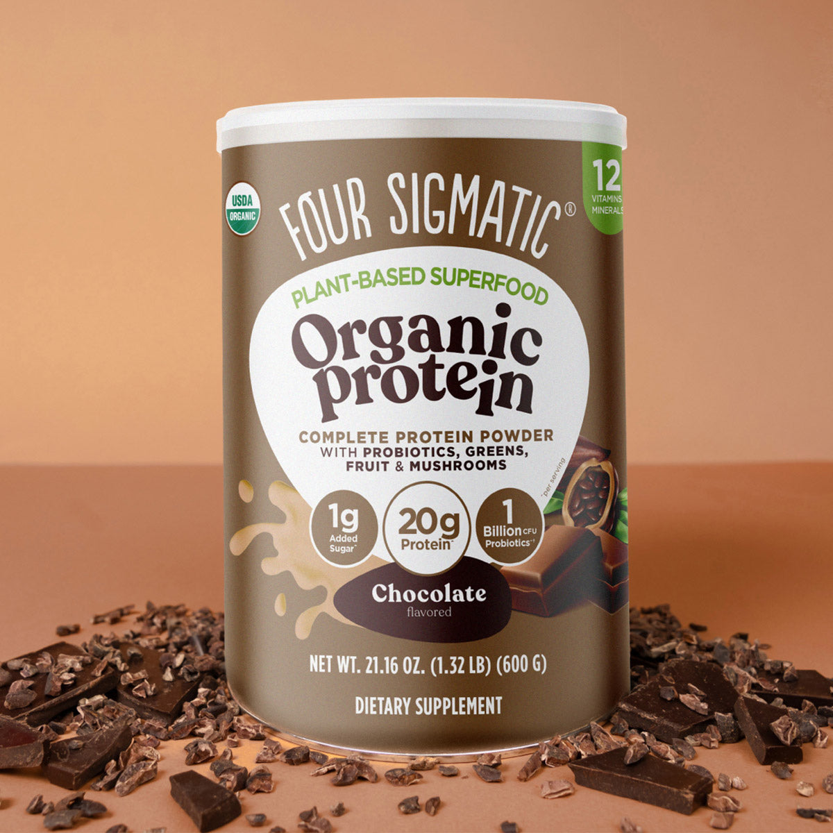 Bag of Four Sigmatic Happy Gut organic coffee with mushrooms and coffee beans.