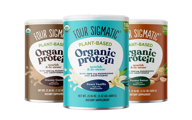 Three containers of Four Sigmatic plant-based organic protein supplements.