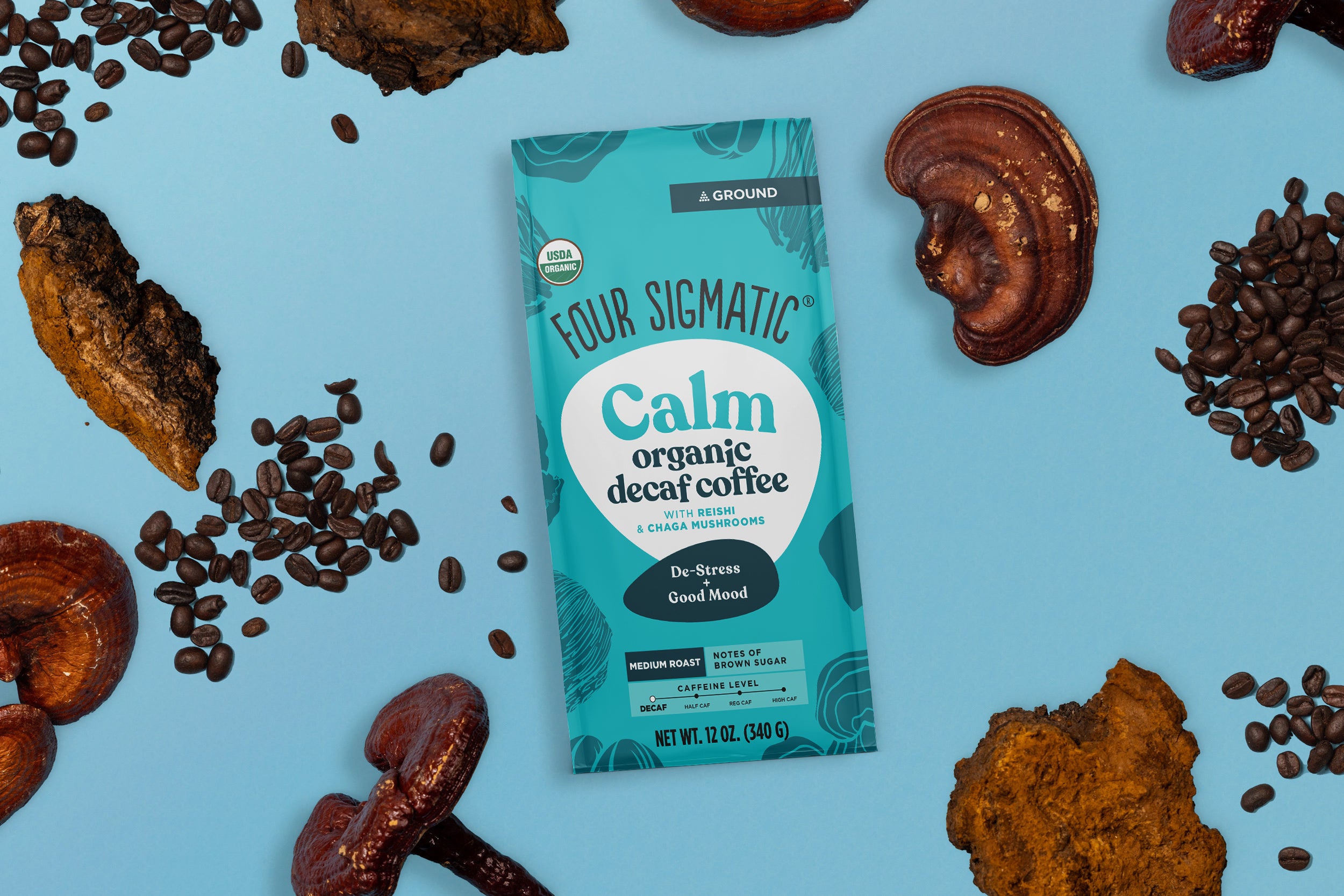 'Four Sigmatic Happy Gut organic coffee package with benefits: smooth digestion, energy boost, and positive mood.'