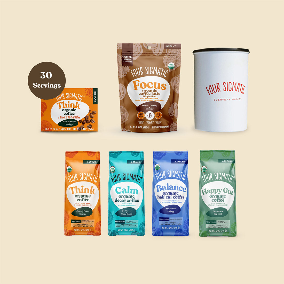 Four Sigmatic products: organic protein, coffee, and cacao mix packages.