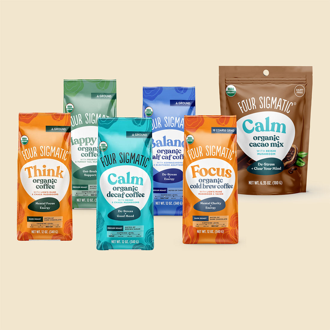 Four Sigmatic products: organic protein, coffee, and cacao mix packages.