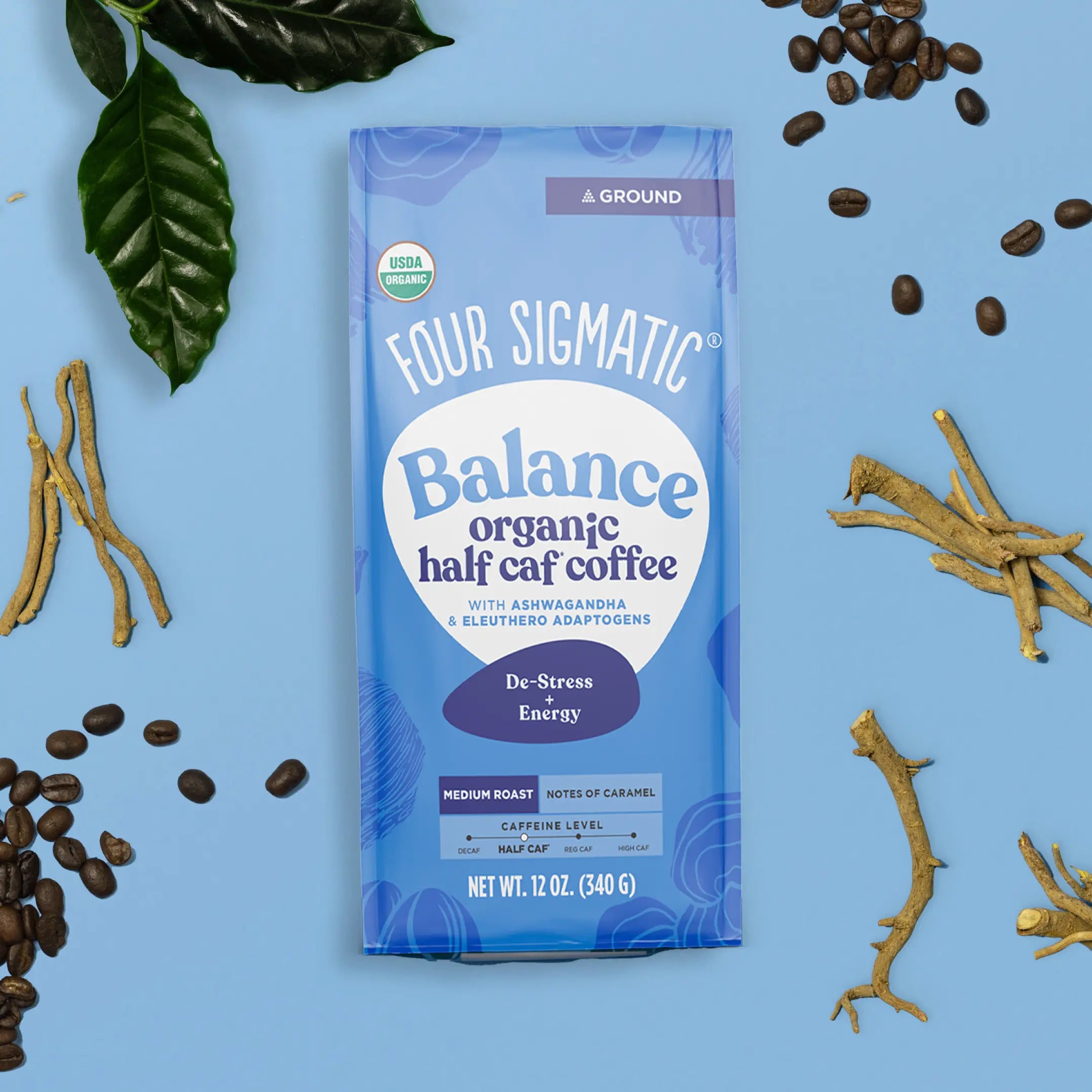 'Four Sigmatic Happy Gut organic coffee package with benefits: smooth digestion, energy boost, and positive mood.'