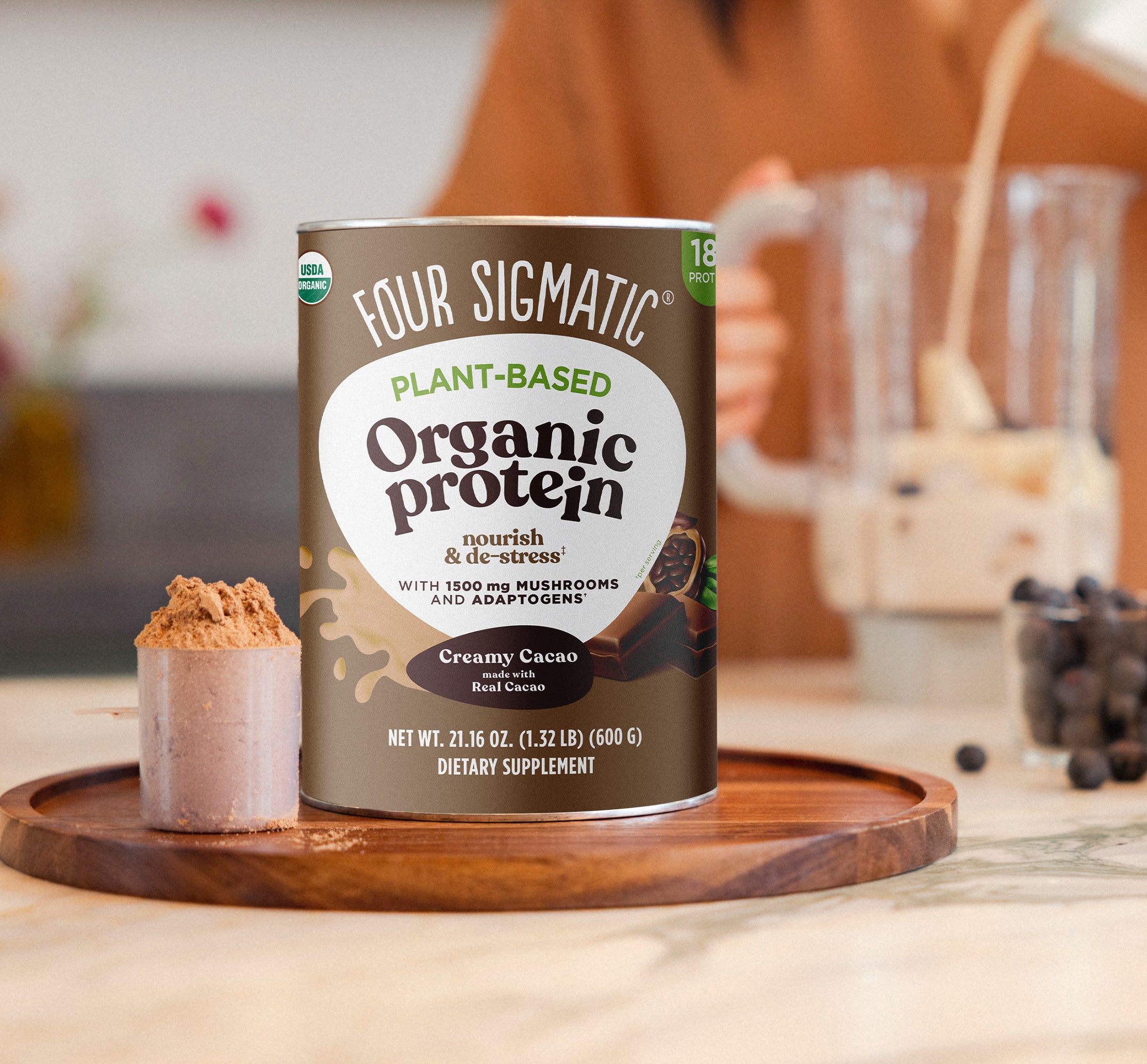 Bag of Four Sigmatic Happy Gut organic coffee with mushrooms and coffee beans.